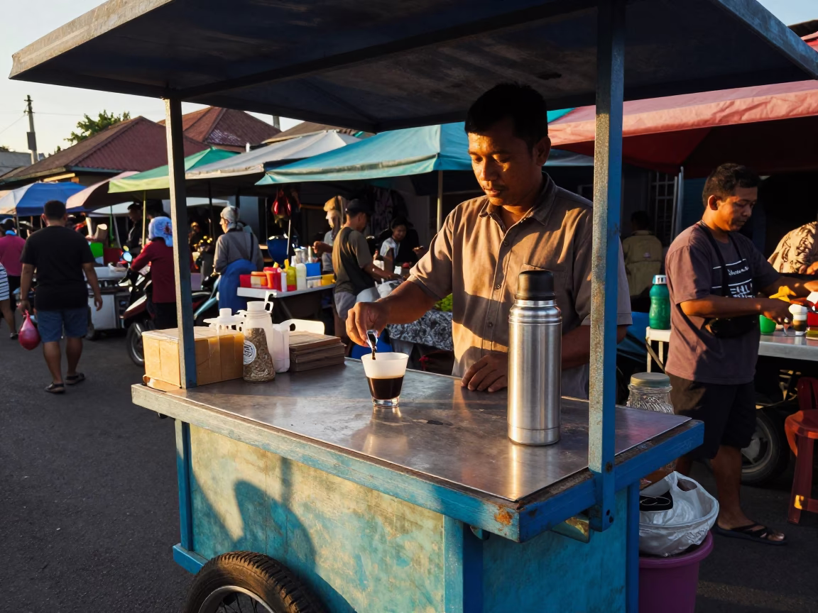 Morning street vendor in Denpasar Indonesia with espresso cup and market stall in in Denpasar, Indonesia