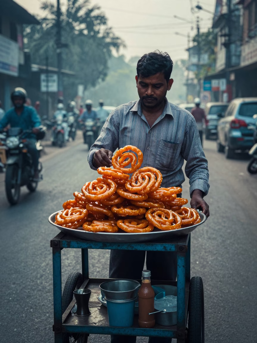Morning Street Vendor in Kolkata India Selling Hot Jalebi and Tea Before Sunrise in in Kolkata, India