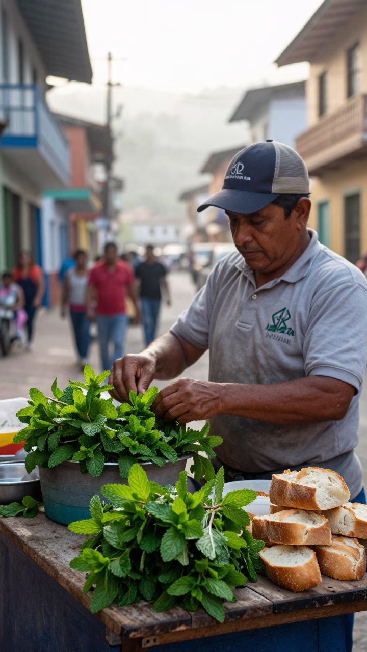 Morning Street Vendor in Medellin Colombia with Fresh Mint Leaves and Local Bread in in Medellin, Colombia