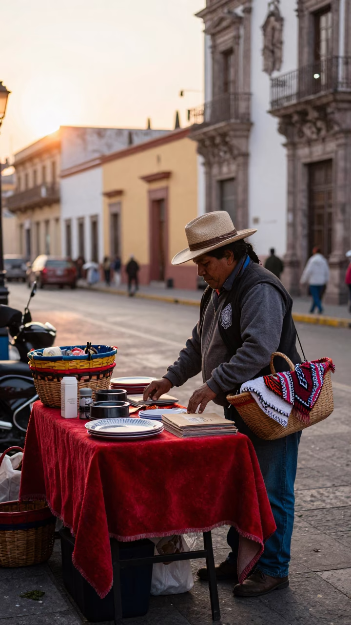 Morning Street Vendor in Mexico City with Woven Basket and Blanket Display in in Mexico City, Mexico