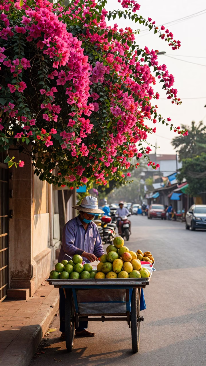Morning street vendor in Phnom Penh Cambodia with colorful bougainvillea in in Phnom Penh, Cambodia