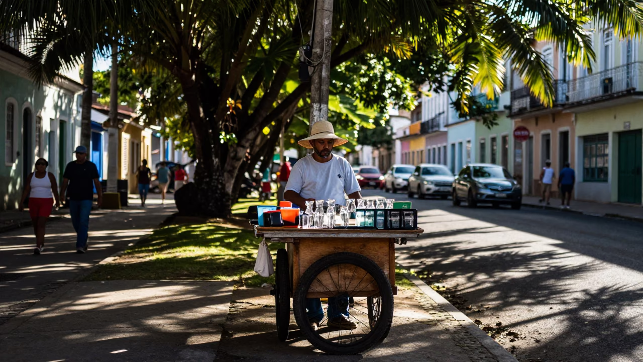 Morning Street Vendor in Salvador Brazil with Sun Hat and Glass Pitcher in in Salvador, Brazil