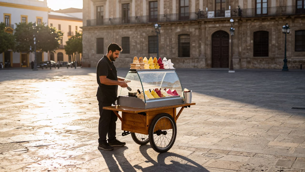 Morning street vendor in Valencia Spain selling gelato near historic plaza in in Valencia, Spain