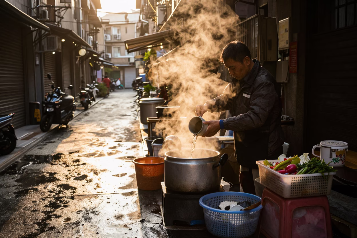 Morning street vendor preparing tea with ceramic cups in Taipei in in Taipei, Taiwan
