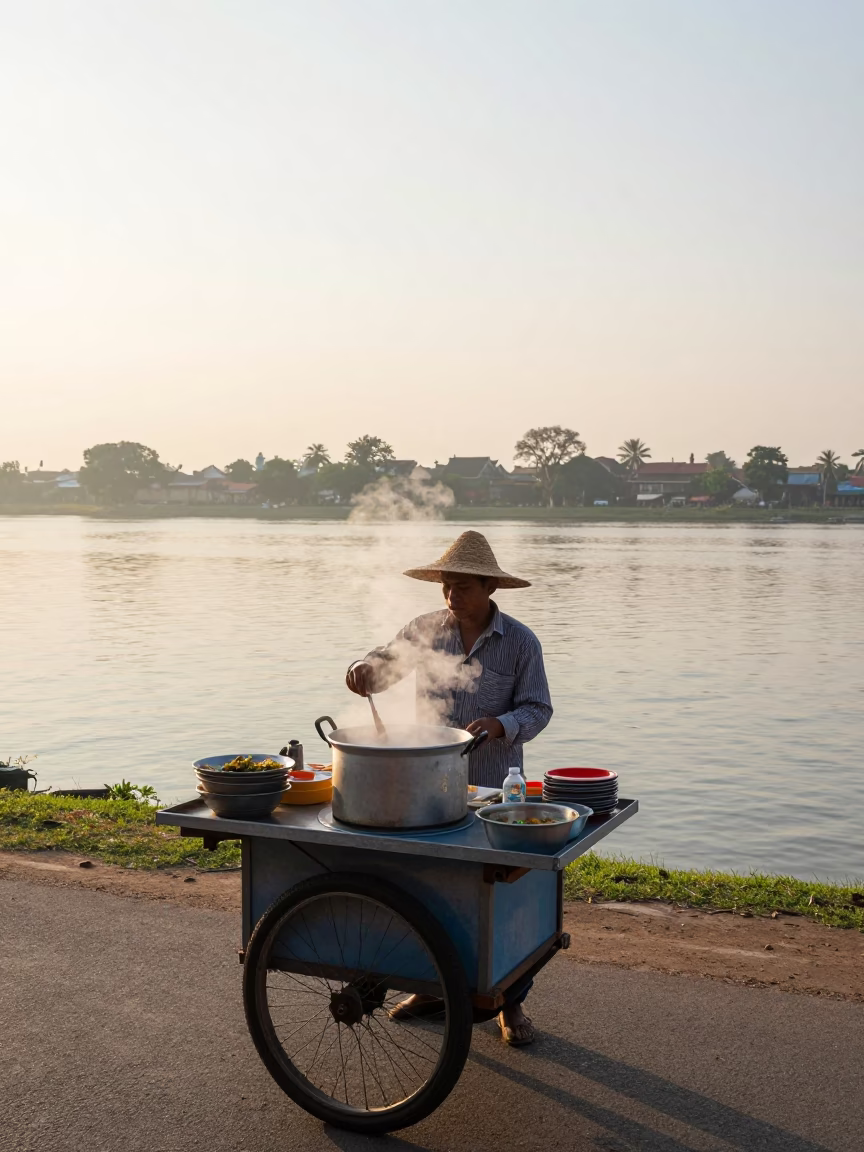 Morning street vendor preparing traditional Cambodian breakfast near Phnom Penh riverside market in in Phnom Penh, Cambodia