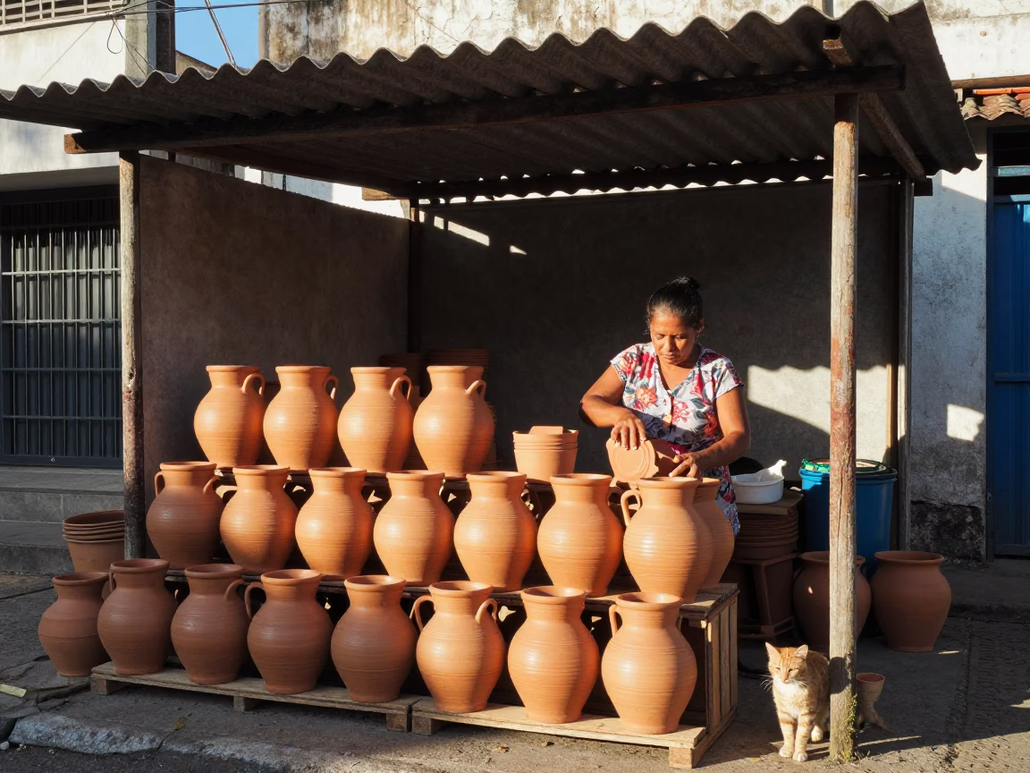 Morning street vendor selling ceramic crocks near São Paulo bus stop in in São Paulo, Brazil