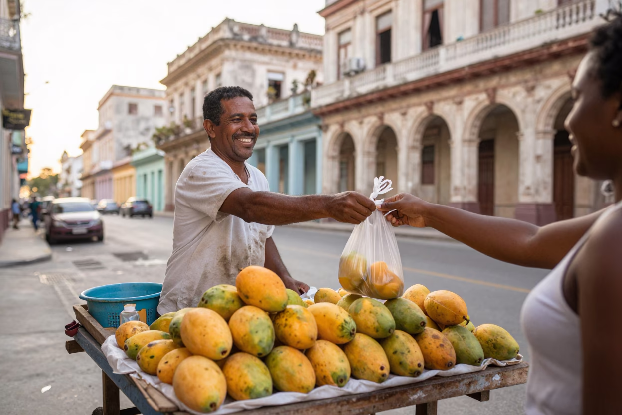 Morning street vendor selling fresh fruit in Havana Cuba near colonial architecture in in Havana, Cuba