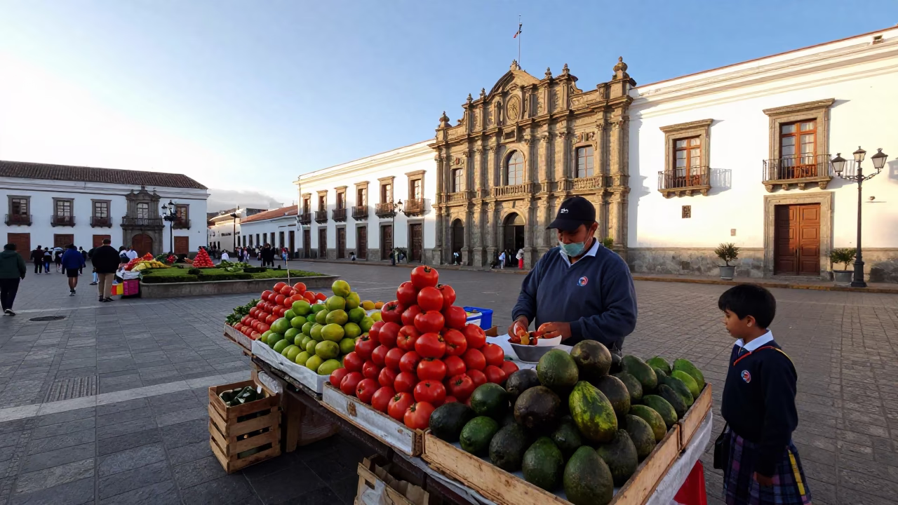 Morning street vendor selling fresh fruit in Quito Ecuador plaza in in Quito, Ecuador