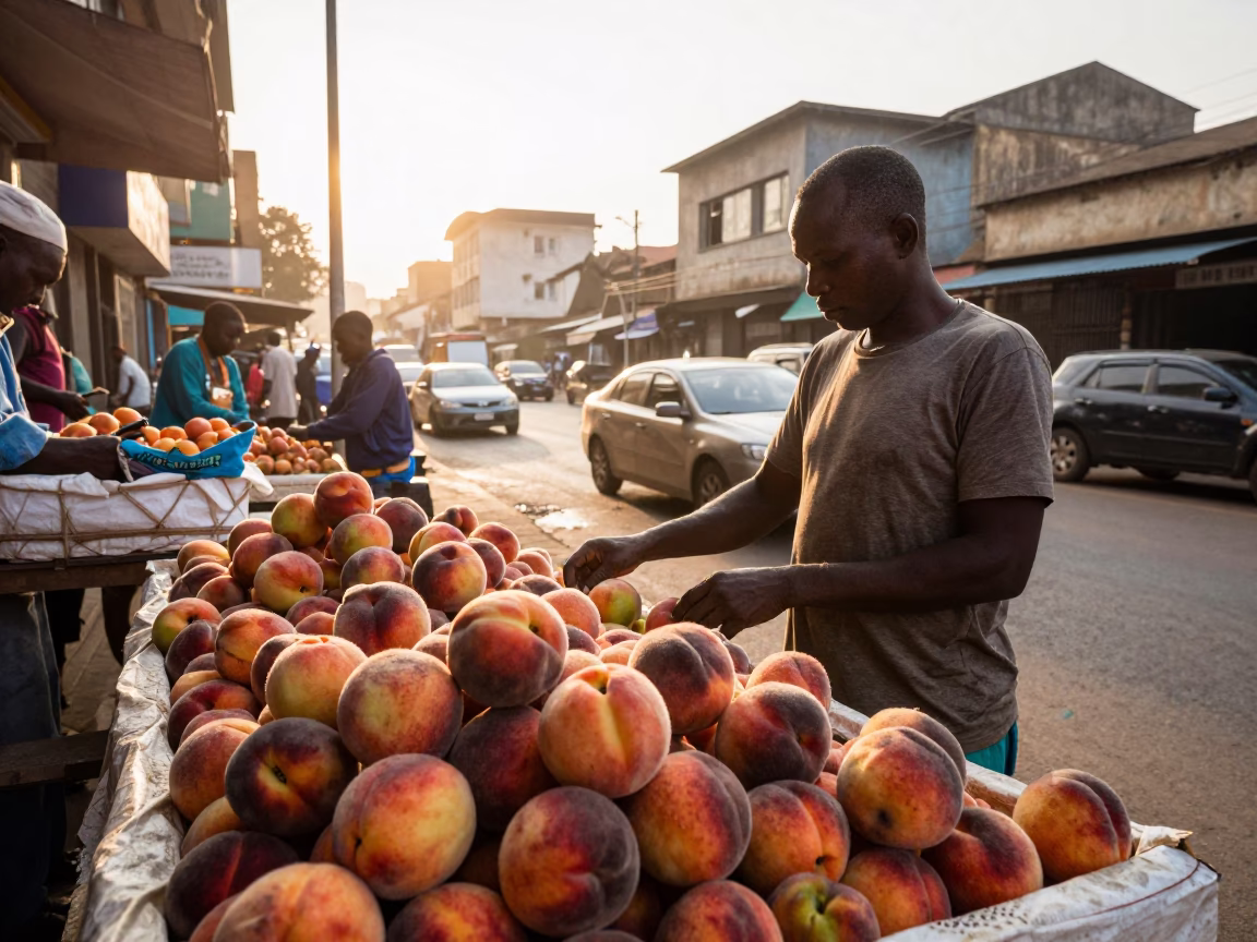 Morning street vendor selling fresh peaches in Nairobi Kenya first light in in Nairobi, Kenya