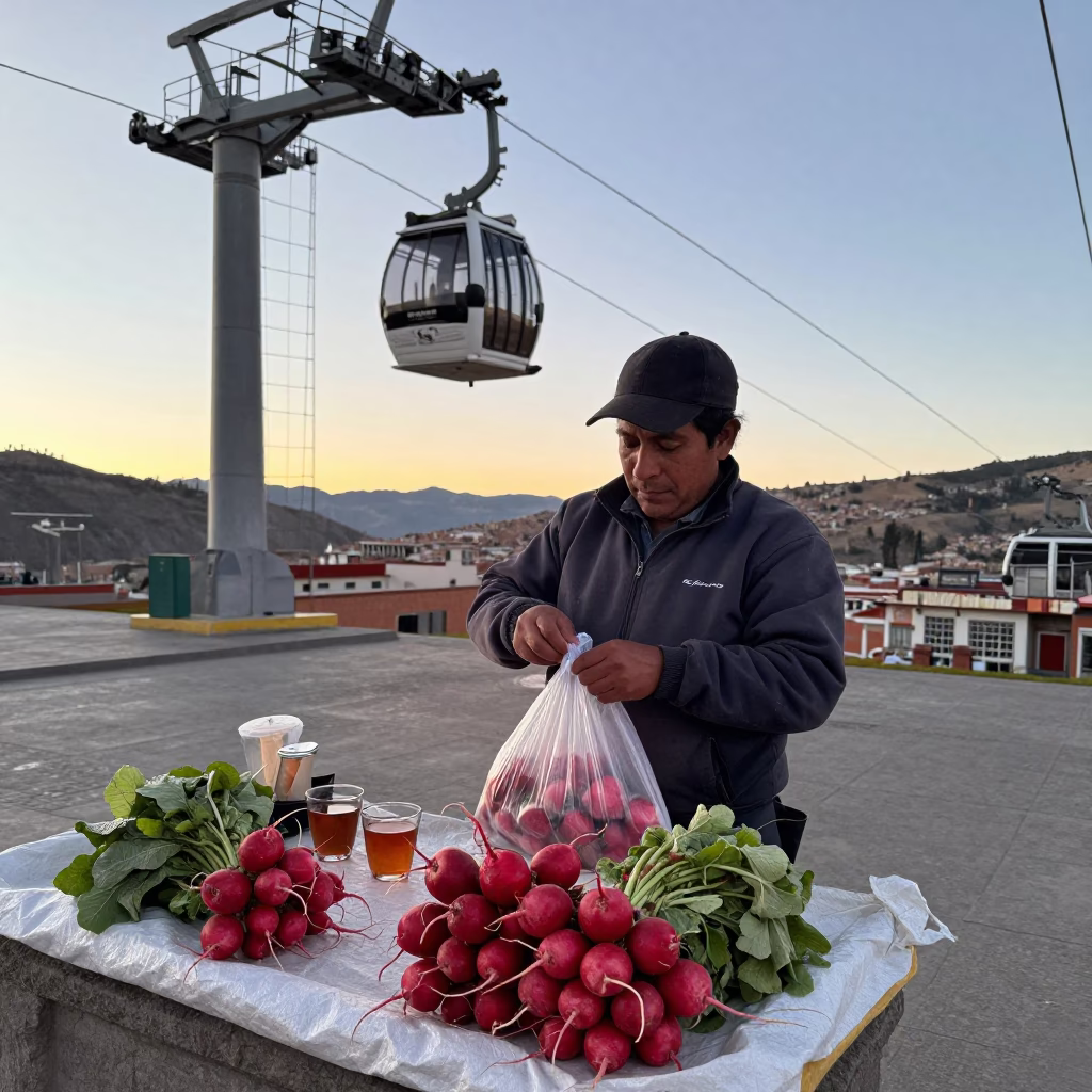 Morning street vendor selling radishes and tea in La Paz Bolivia after sunrise in in La Paz, Bolivia
