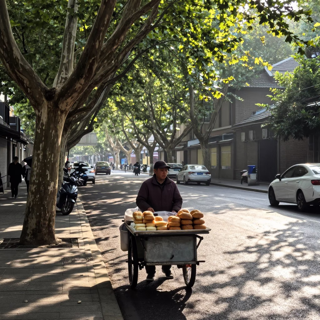 Morning street vendor serving fresh bread loaves in busy Shanghai neighborhood under first light in in Shanghai, China