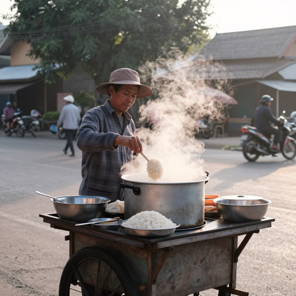 Morning street vendor serving fresh rice in Chiang Mai Thailand first light in in Chiang Mai, Thailand