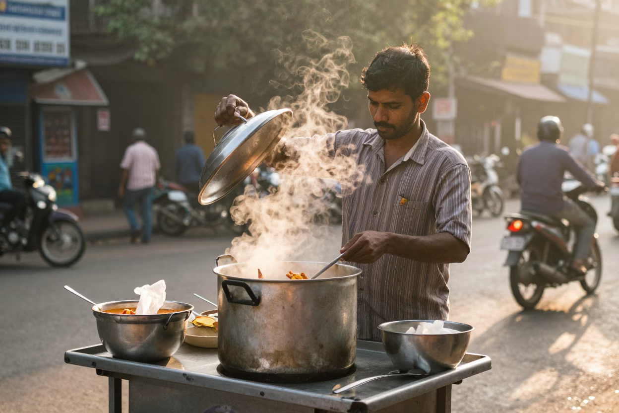 Morning Street Vendor Serving Tom Kha Gai in Mumbai India After Sunrise in in Mumbai, India