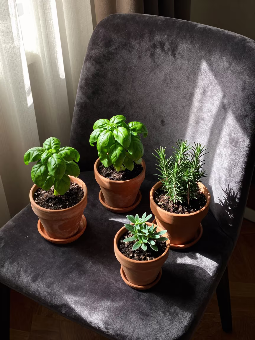 Morning Sun on Bologna Windowsill Herb Garden in on a velvet chair in Bologna