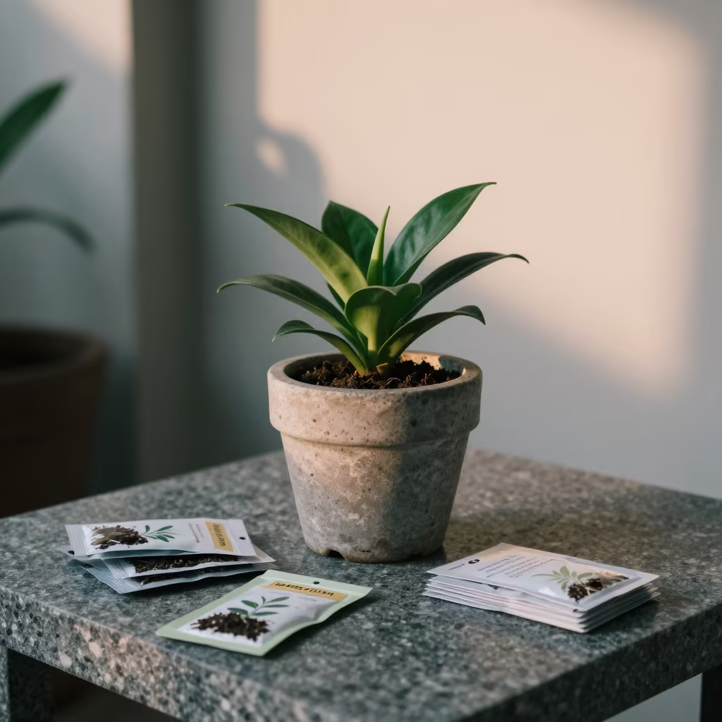 Morning Sun on Plant Mister and Seed Packets in on a bedside table in Lombok