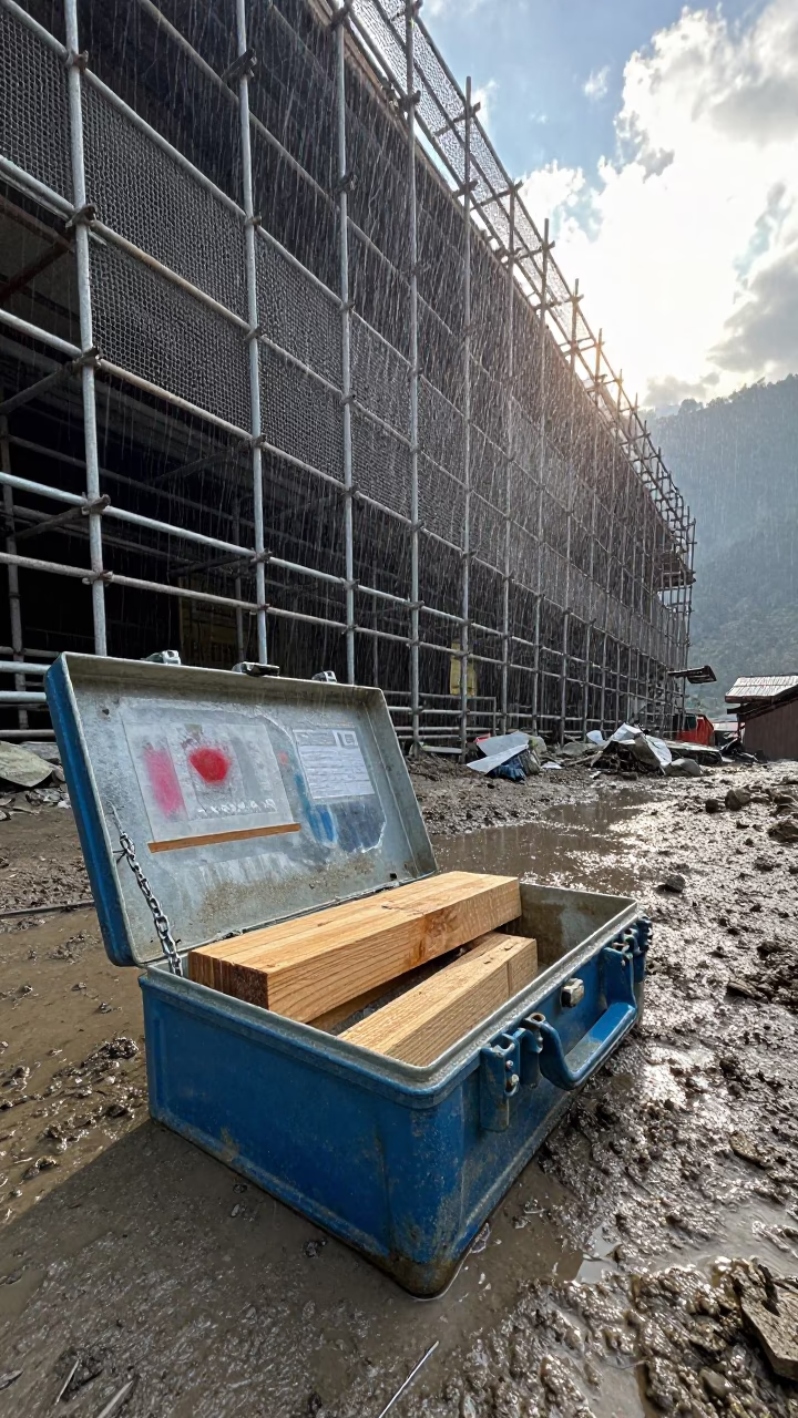 Morning Sun Shower on Construction Kit Box in along a scaffolded facade in the Himalayas
