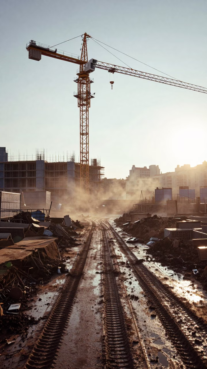 Morning Sun Shower Washout Pit Under Crane in beneath a tower crane on open ground in Kunming