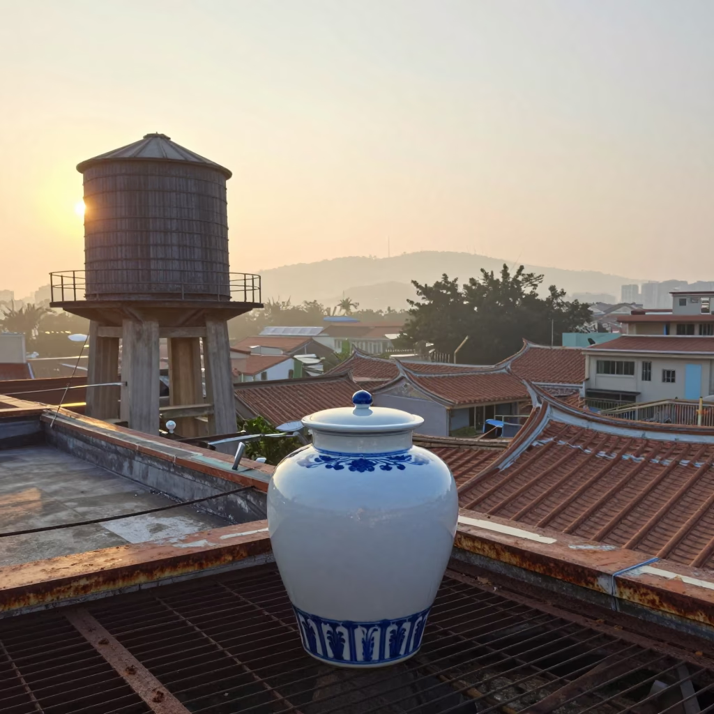 Morning Sunlight and Blue Porcelain Jar on Tainan Rooftop Water Tower in in Tainan, Taiwan