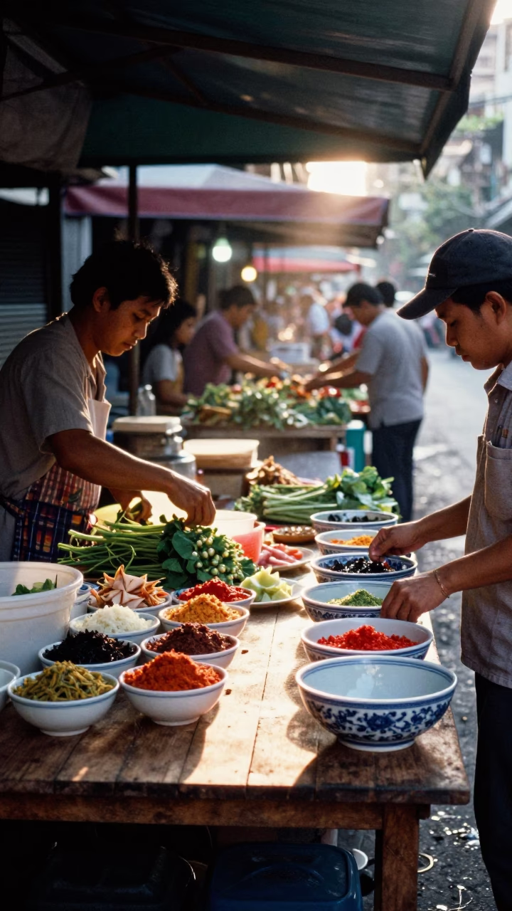 Morning Sunlight on Bangkok Street Stall with Porcelain Bowl and Nautical Chart in in Bangkok, Thailand