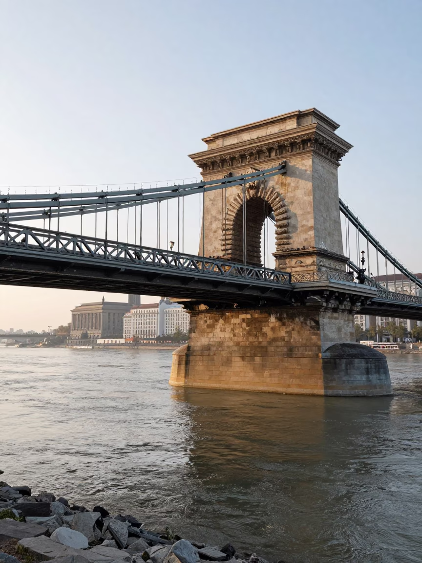 Morning Sunlight on Budapest Chain Bridge Maintenance Cradle Over Danube River in in Budapest, Hungary