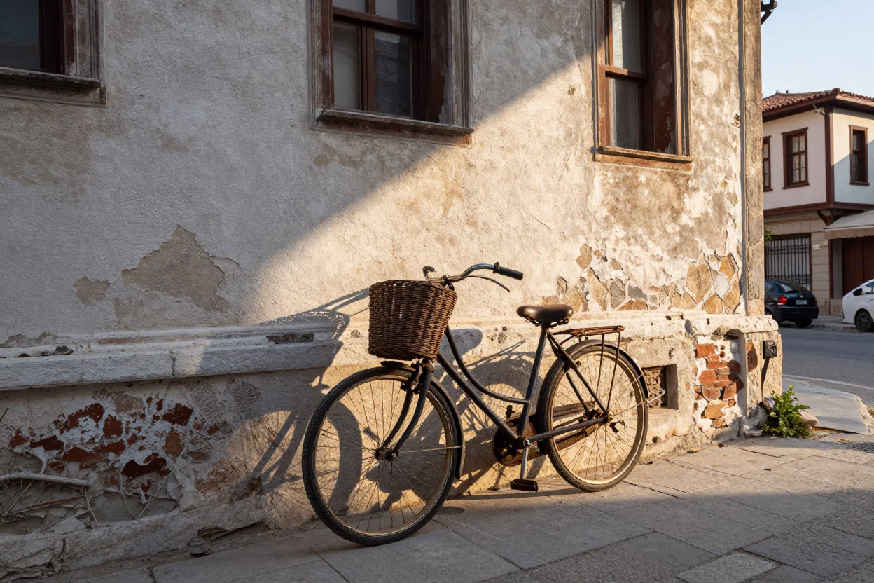 Morning Sunlight on Historic Izmir Street with Vintage Bicycle and Coastal Architecture in in Izmir, Turkey