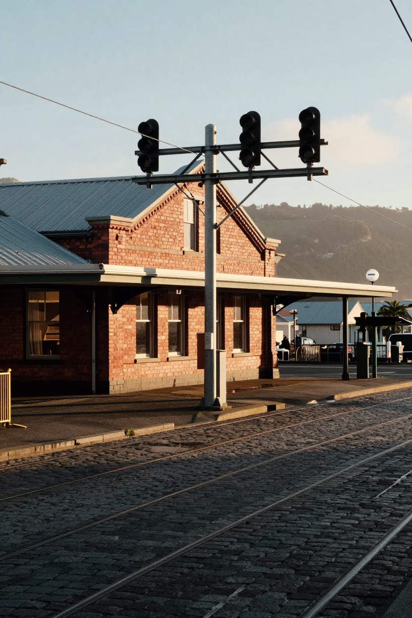 Morning Sunlight on Wellington Cable Car Tracks and Signal Gantry Mist in in Wellington, New Zealand
