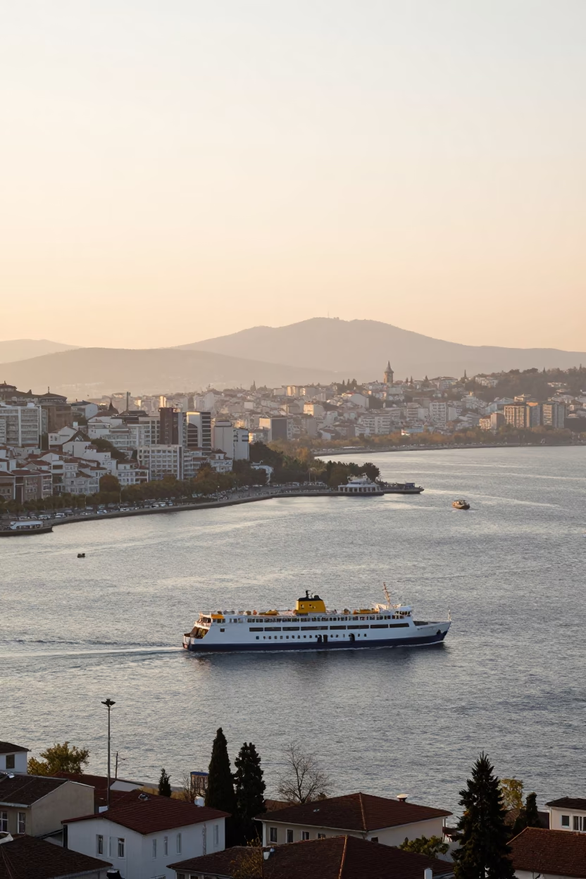 Morning Sunrise Over Izmir Bay with Ferry Approach and Coastal Traffic in in Izmir, Turkey
