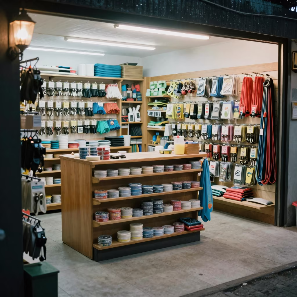 Morning Surf Shop Counter Tarapoto Dawn Light in inside a bright retail aisle in Tarapoto