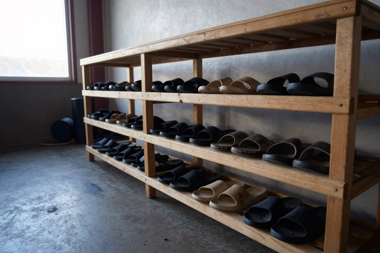 Morning Sweat on Sauna Sandals in Gusau in inside a strength room near Gusau
