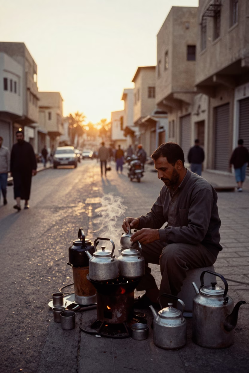 Morning Tea Kettles on Street Corner in Alexandria Egypt at Dawn in in Alexandria, Egypt