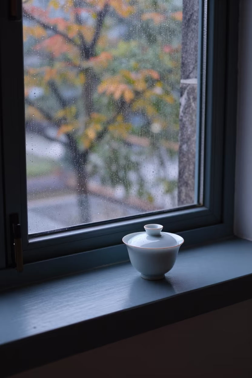 Morning tea on painted sill near Ningbo window in beside a rain-streaked window near Ningbo
