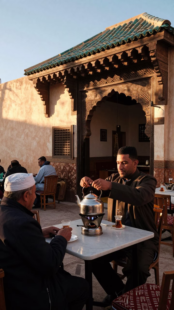 Morning Tea Ritual at a Casablanca Cafe Just After Sunrise in in Casablanca, Morocco