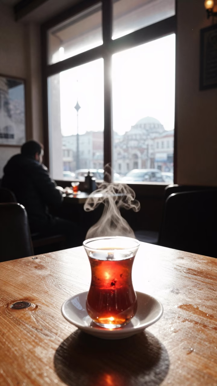 Morning Tea Ritual in Istanbul Cafe with Steam and City View in in Istanbul, Turkey