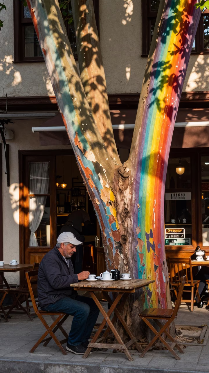 Morning Tea Scene Outside Historic Izmir Cafe with Rainbow Eucalyptus Tree in in Izmir, Turkey