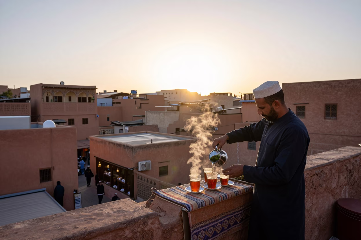 Morning Tea Service in Fez Morocco First Light Dawn Street Photography in in Fez, Morocco