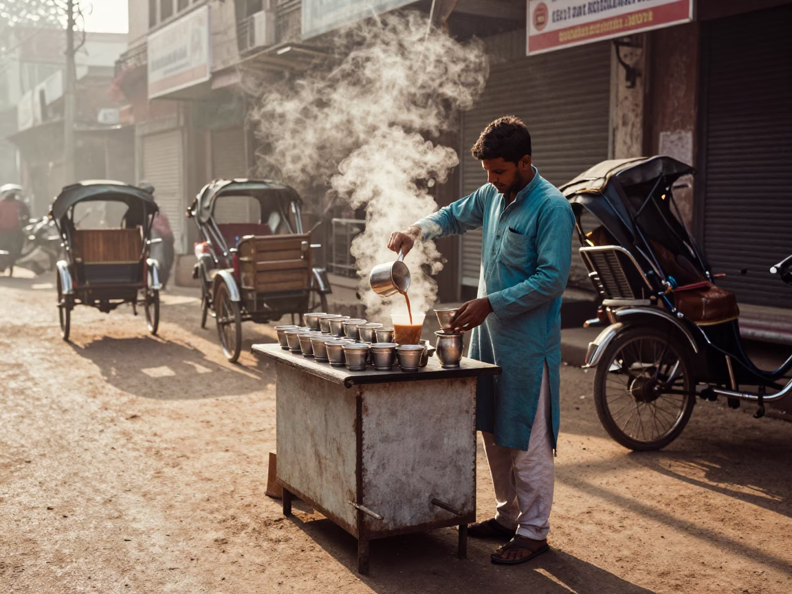 Morning Tea Stall in Old Delhi with Steam and Street Activity in in Delhi, India