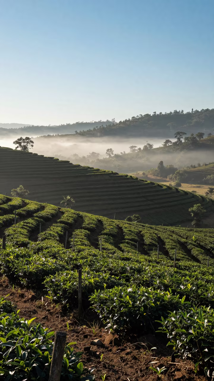 Morning Tea Terraces Cuba Vineyard Sunrise in between vineyard trellises in Cuba