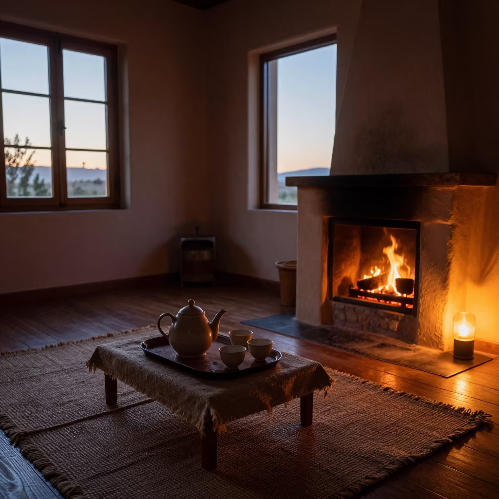 Morning tea on woven rug near fireplace in by a crackling fireplace near Tivaouane