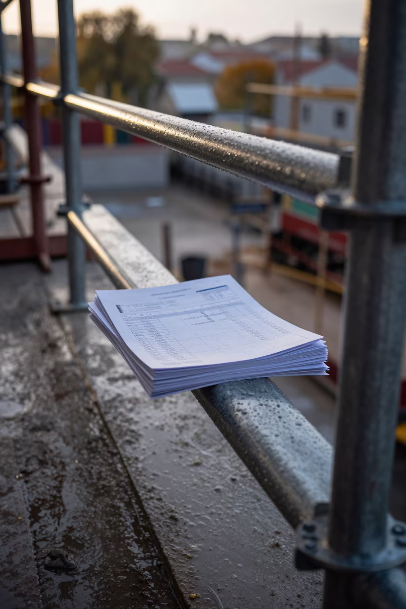 Morning Ticket Rail on Portugal Scaffolding in along a scaffolded facade in Portugal
