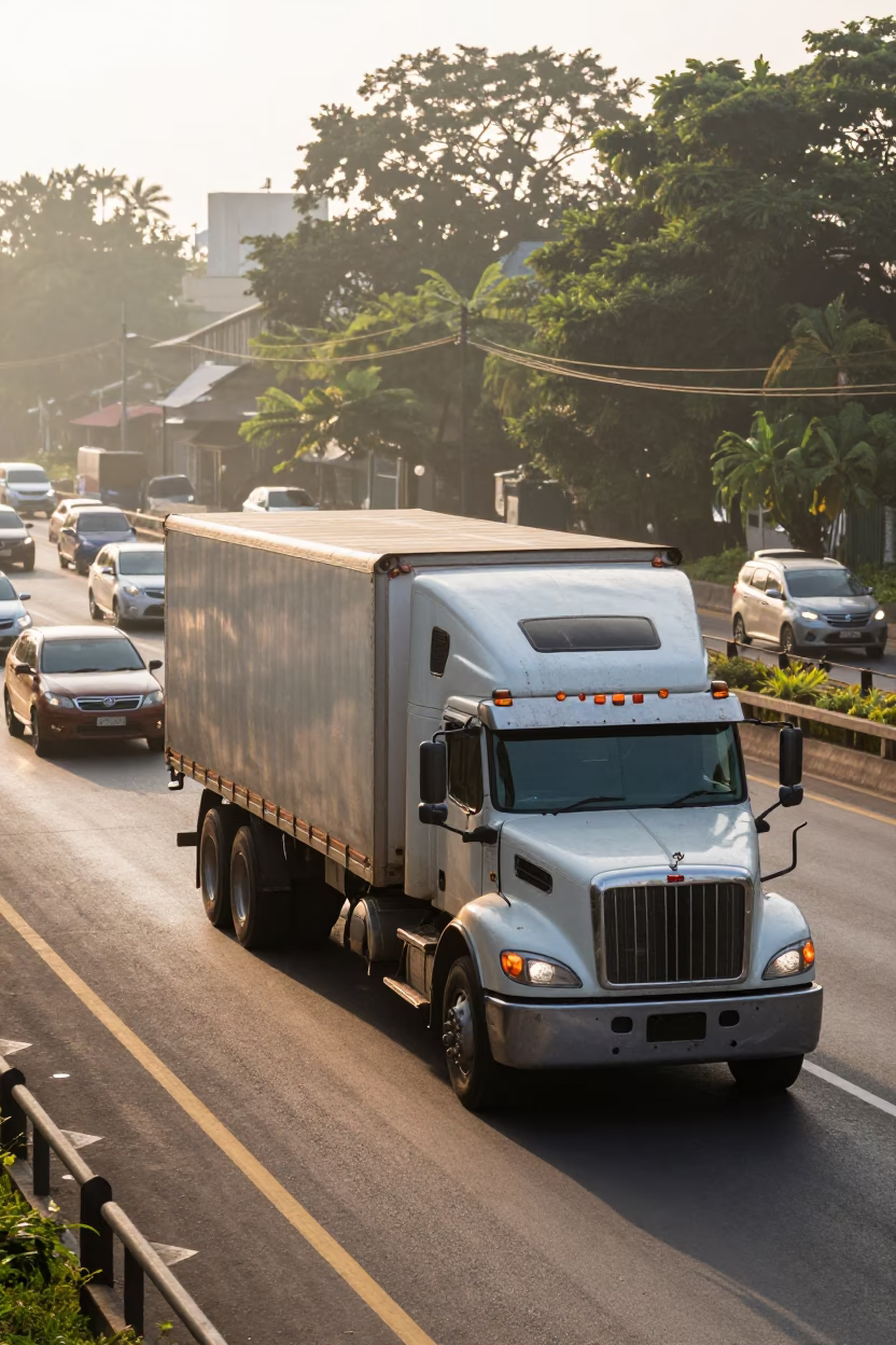Morning Traffic on Surabaya Highway with Watermelon Truck at Dawn in in Surabaya, Indonesia