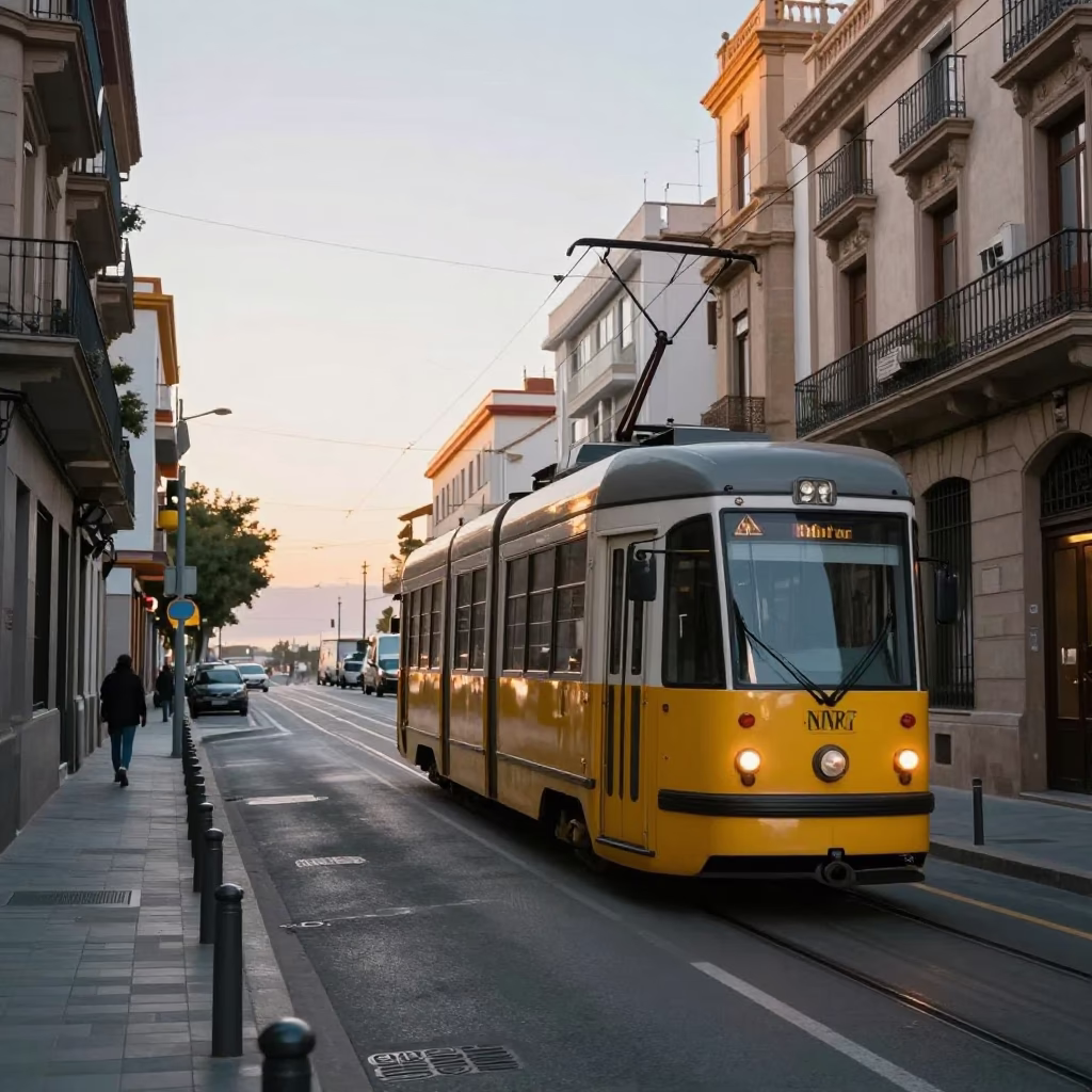 Morning Tram on Steep Hill in Valencia Spain Realistic 1990s Street Scene in in Valencia, Spain
