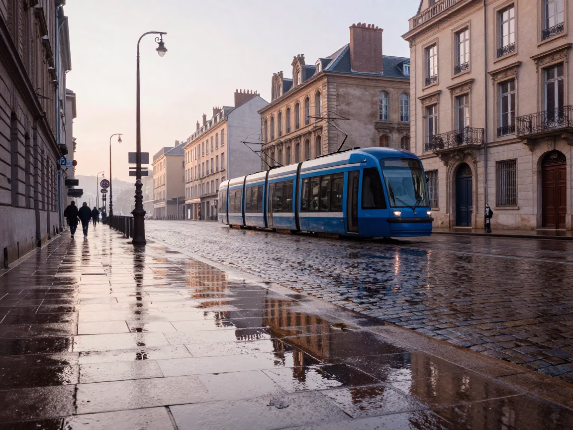 Morning Tram Reflections on Wet Cobblestones in Lyon France After Sunrise in in Lyon, France