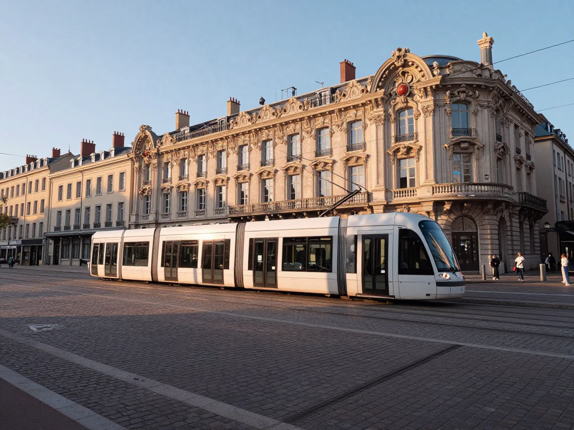 Morning Tram Ride in Lyon France with Art Nouveau Facades and Colored Glass Bottle in in Lyon, France