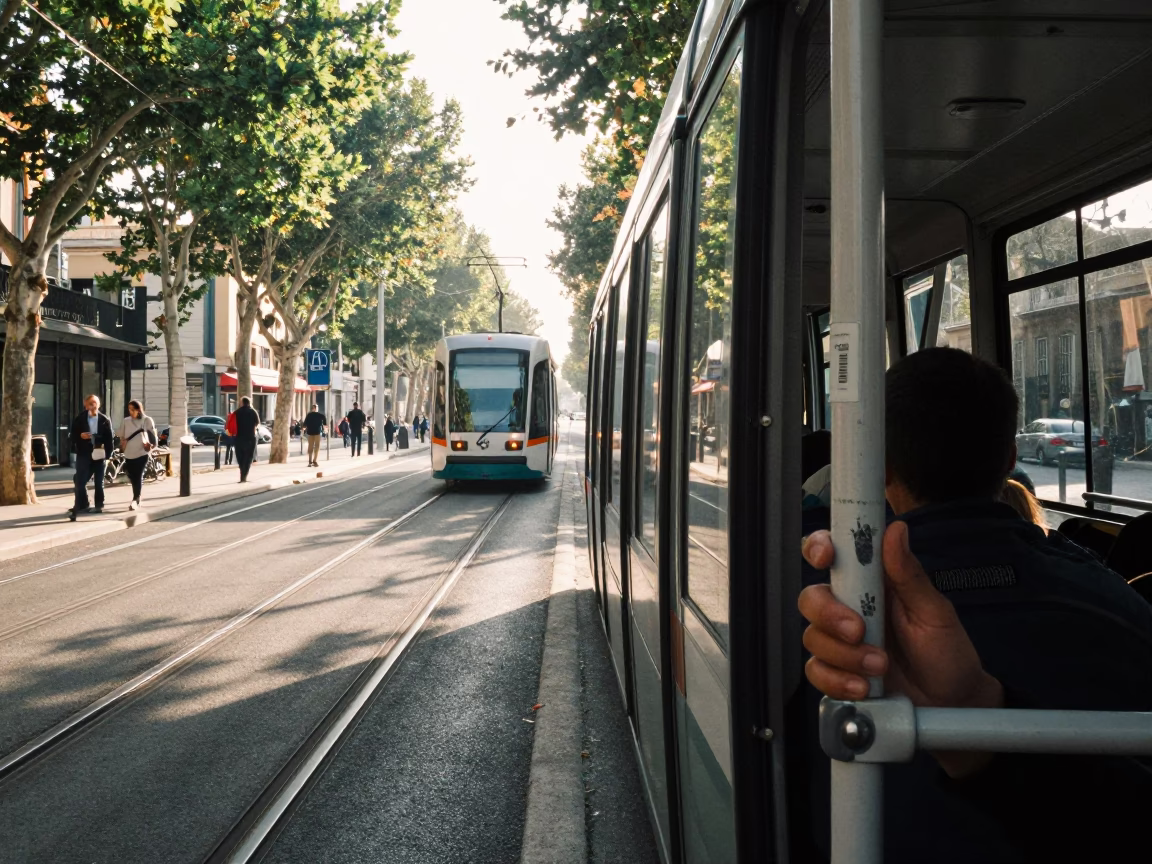 Morning Tram Ride Through Marseille Tree-Lined Boulevard with Fingerprints on Metal Rail in in Marseille, France