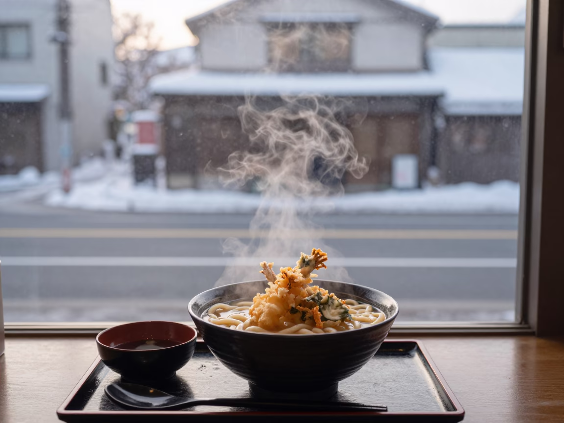 Morning Udon Breakfast at Sapporo Street Side Window with Steam and City Light in in Sapporo, Japan