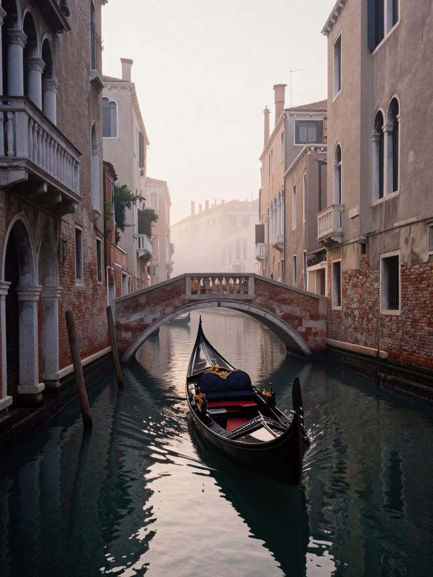 Morning Venetian Street Scene with Gondola Passing Under Stone Bridge at Dawn in in Venice, Italy