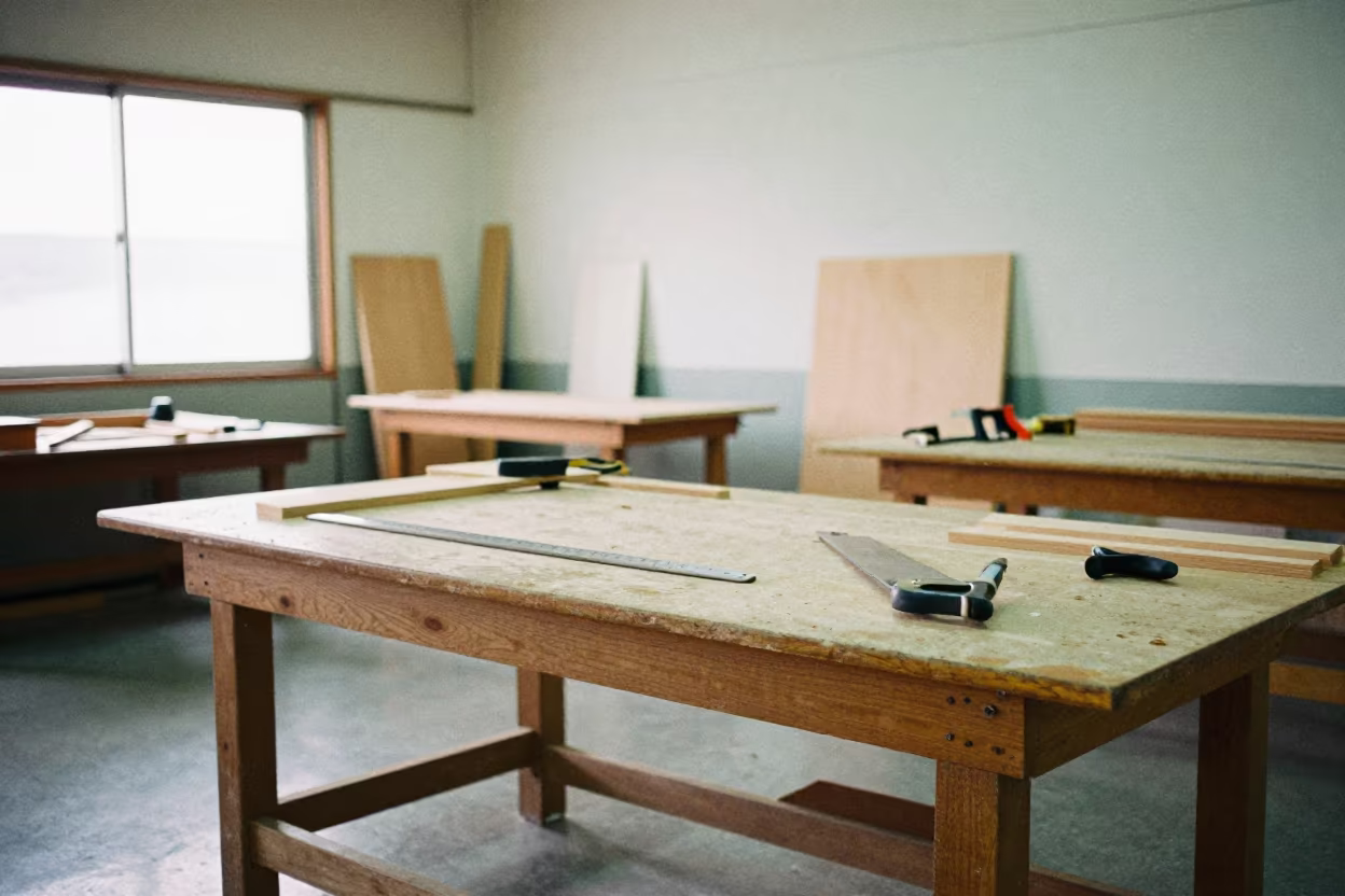 Morning Woodshop Bench with Tools in Kanazawa in in a woodshop classroom near Kanazawa
