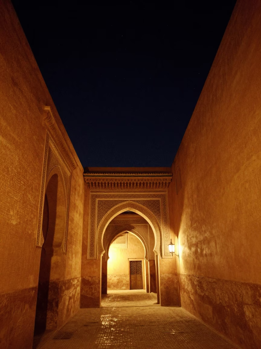 Moroccan Architecture at The Deepest Night Sky Light in Marrakech in in Marrakech, Morocco
