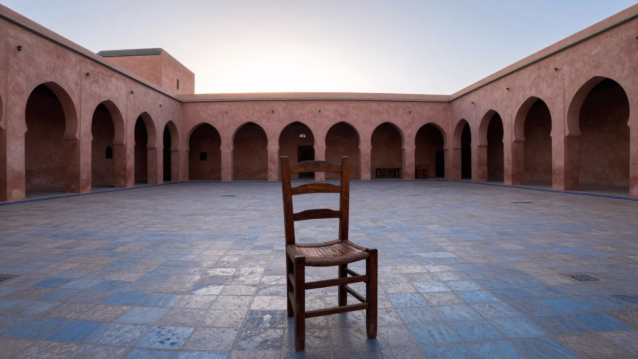 Moroccan Courtyard in Marrakech at Nautical Dawn Light in in Marrakech, Morocco