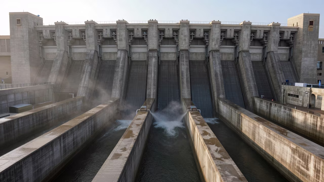 Moroccan Dam Powerhouse Dawn with Penstocks in above a spillway chute with spray rising in Morocco